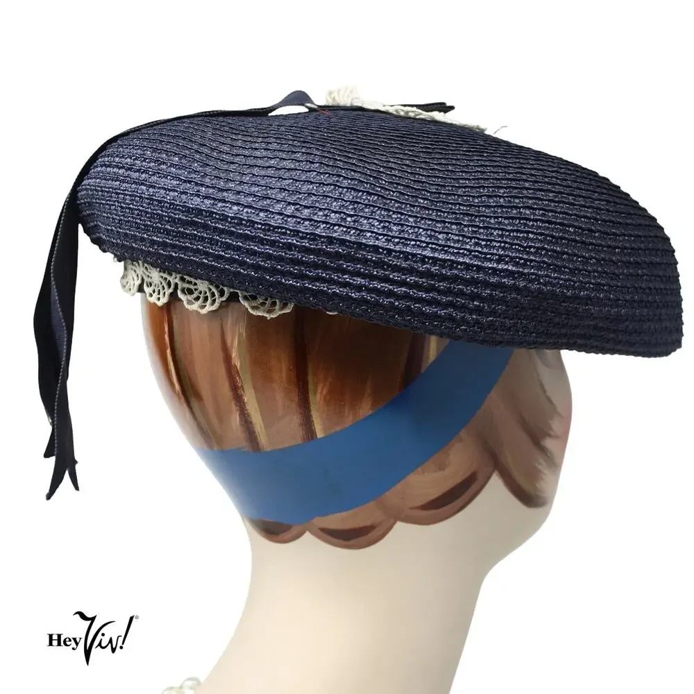 Vintage Marche Exclusive Navy Wide Straw Hat w Lace Ribbon Church Tea - Hey Viv - Picture 4 of 9